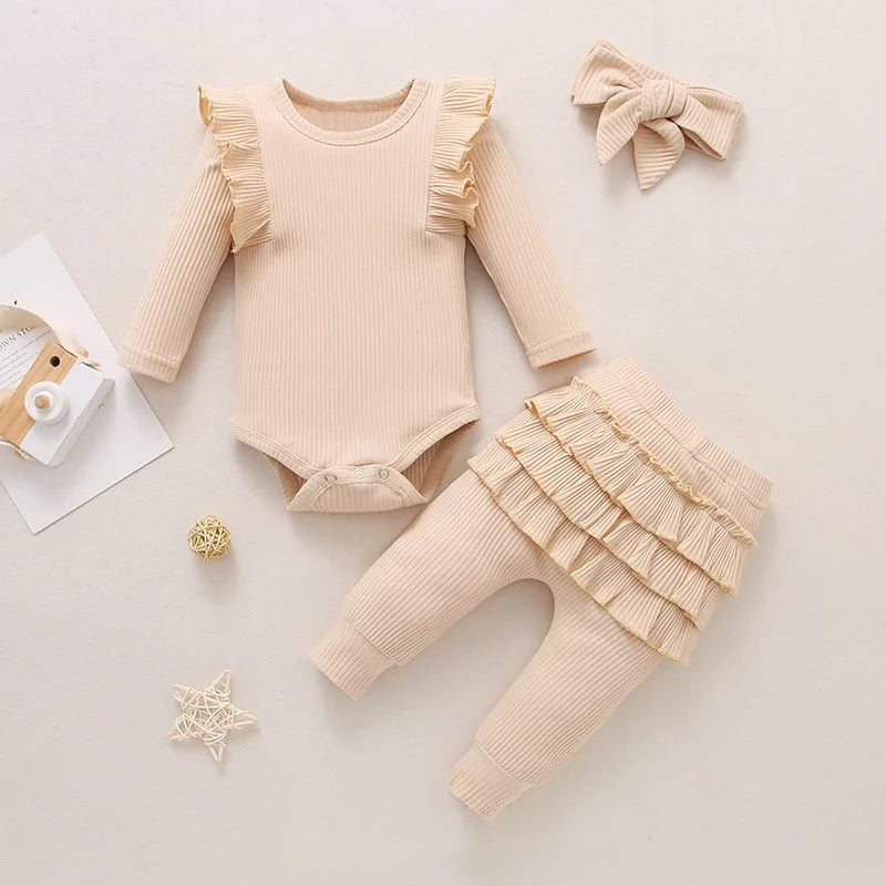 Sweet Girls Fall Cotton Lace Ruffle Solid Print Bodysuit + Pants + Headband