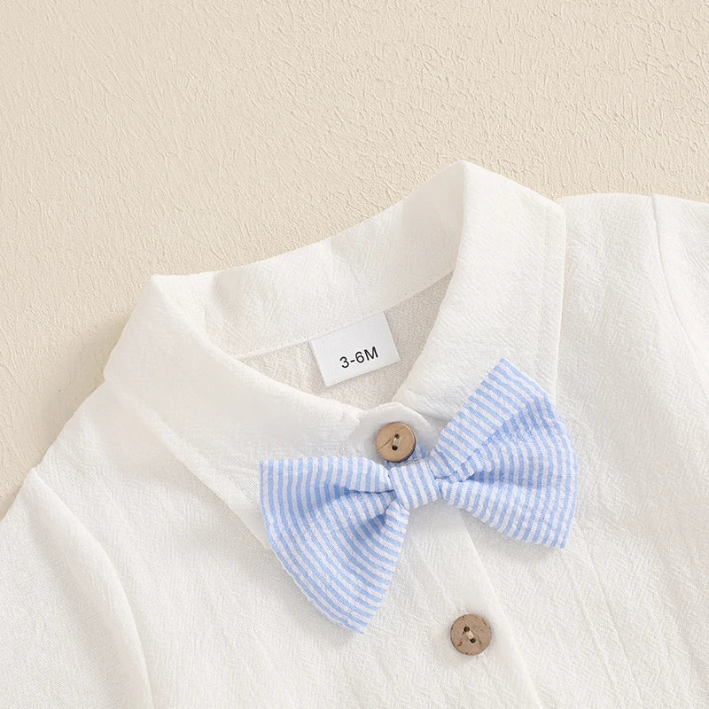 The Little Gentleman Outfit: Short Sleeve Lapel Neck Shirt Romper + Stripe Suspender Shorts + Bowtie