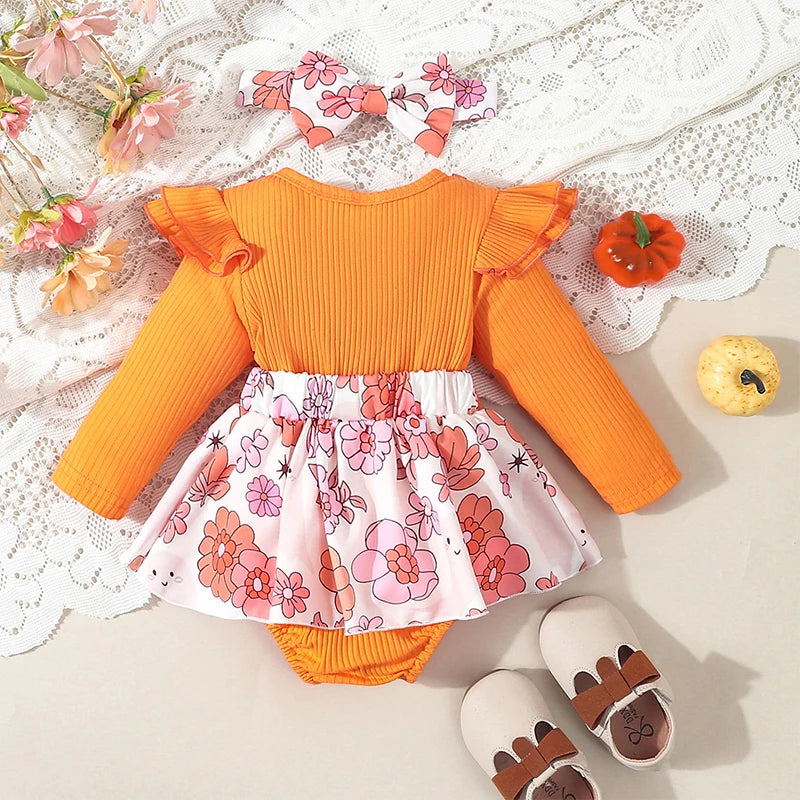 Harvest Romper Dress with Long Sleeves and Bows plus Headband- Set