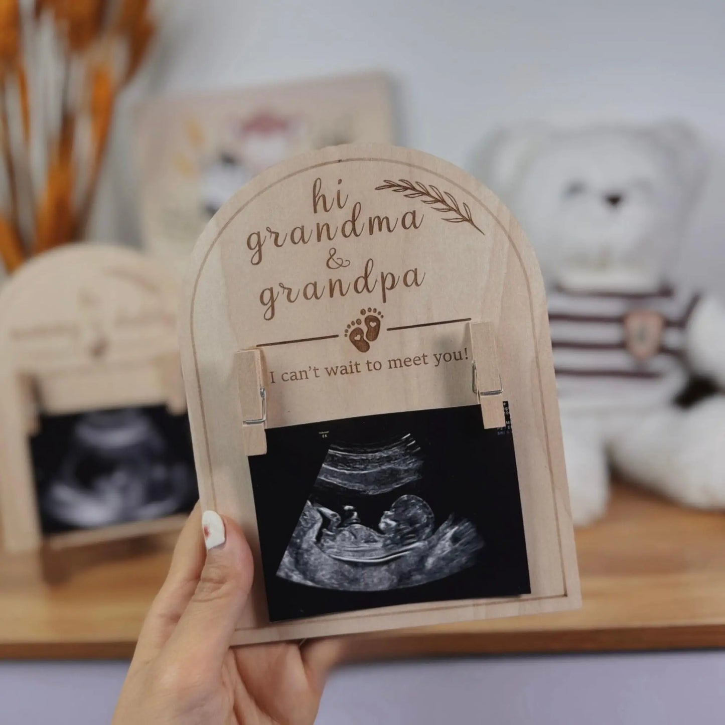 "Can't Wait to Meet You": Grandparent Or Parent Ultrasound Announcement Gift Frame, Rustic Basswood