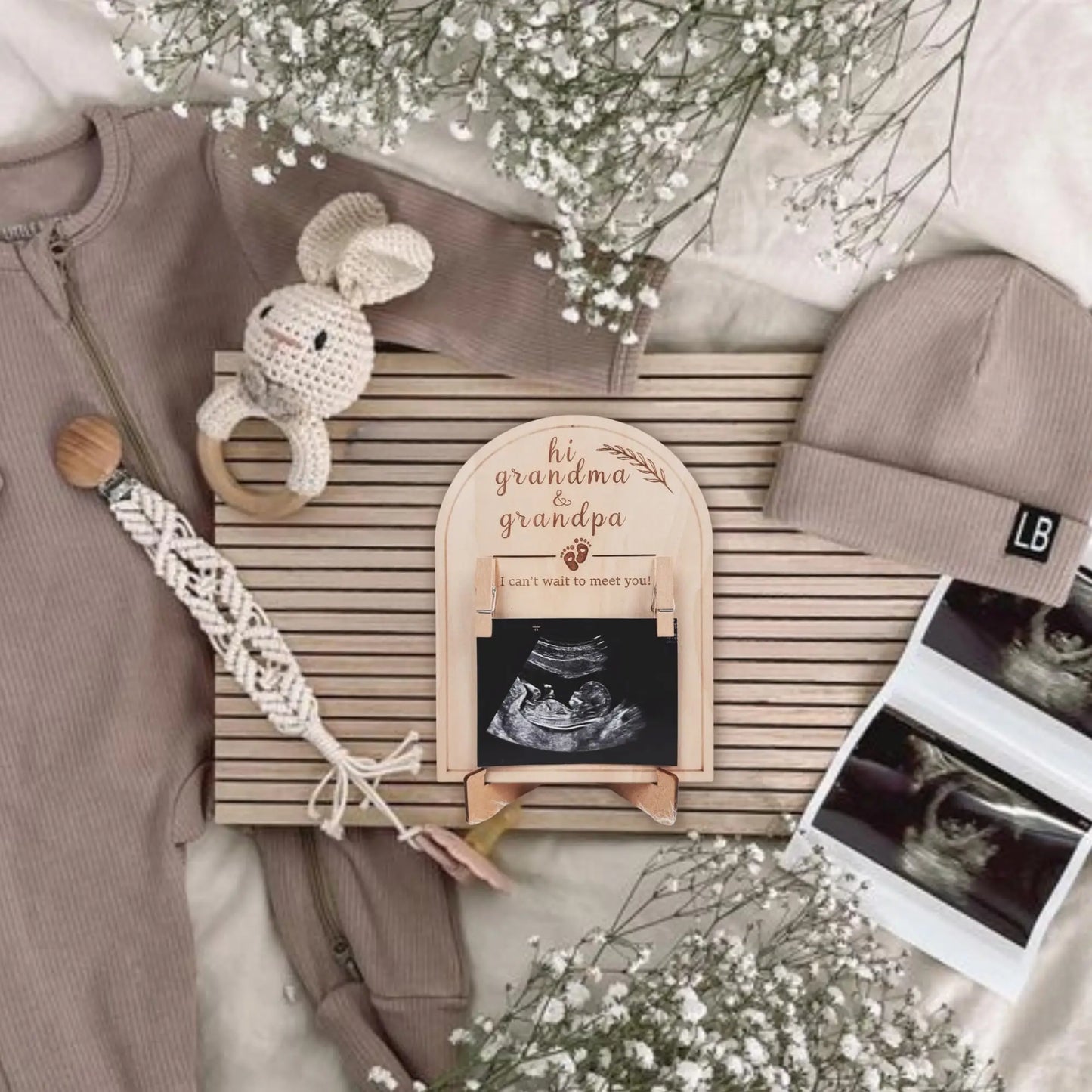 "Can't Wait to Meet You": Grandparent Or Parent Ultrasound Announcement Gift Frame, Rustic Basswood