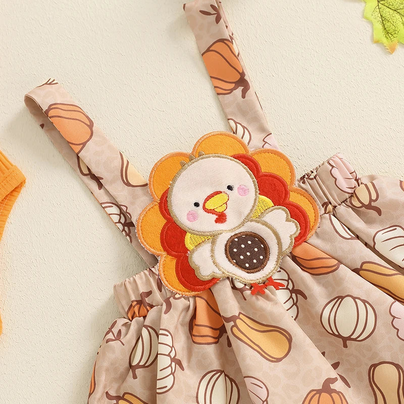 Harvest Dress: Long Sleeve Romper and Pumpkin Print Turkey Suspender-Skirt with Cute Headband (3 Piece)