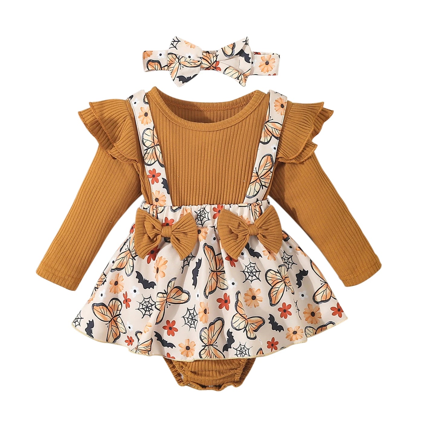 Harvest Romper Dress with Long Sleeves and Bows plus Headband- Set