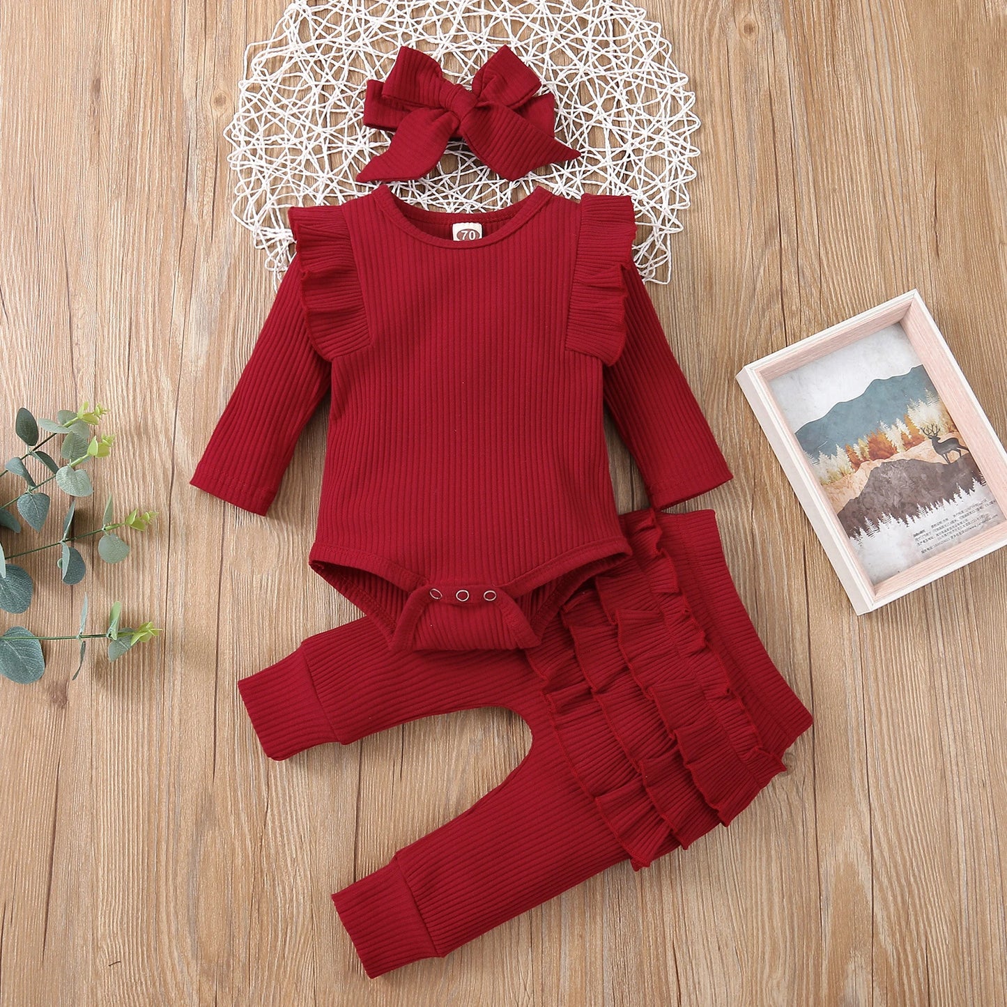 Sweet Girls Fall Cotton Lace Ruffle Bodysuit + Pants + Headband