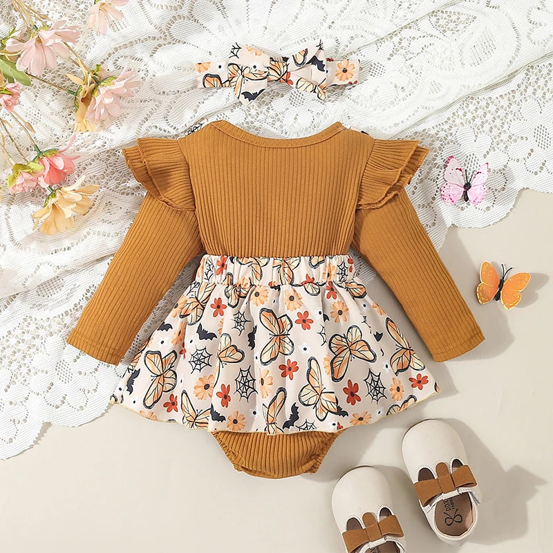 Harvest Romper Dress with Long Sleeves and Bows plus Headband- Set