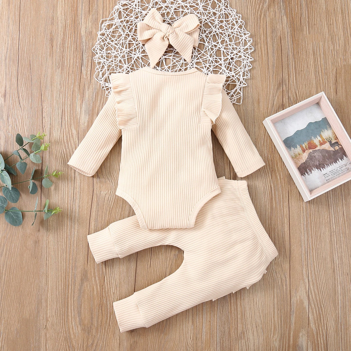Sweet Girls Fall Cotton Lace Ruffle Bodysuit + Pants + Headband