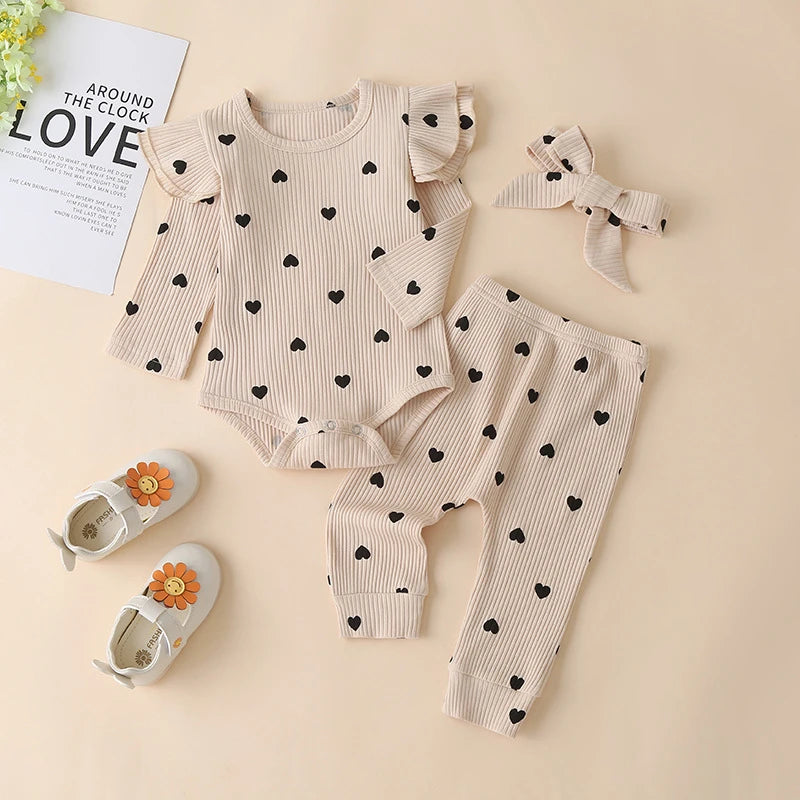 Sweet Girls Fall Cotton Lace Ruffle Bodysuit + Pants + Headband