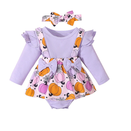 Harvest Romper Dress with Long Sleeves and Bows plus Headband- Set