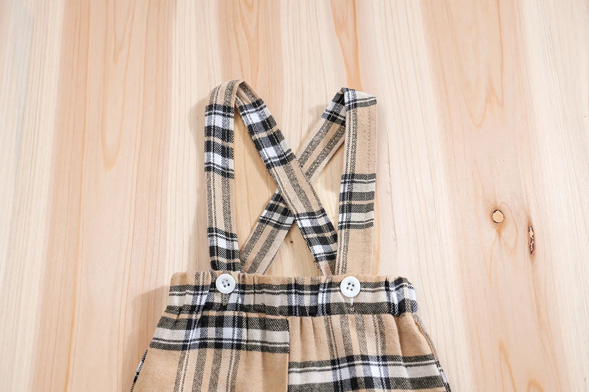 Handsome Boys Plaid Bear Bodysuit & Suspenders Overall Newborn Outfits 0-18M