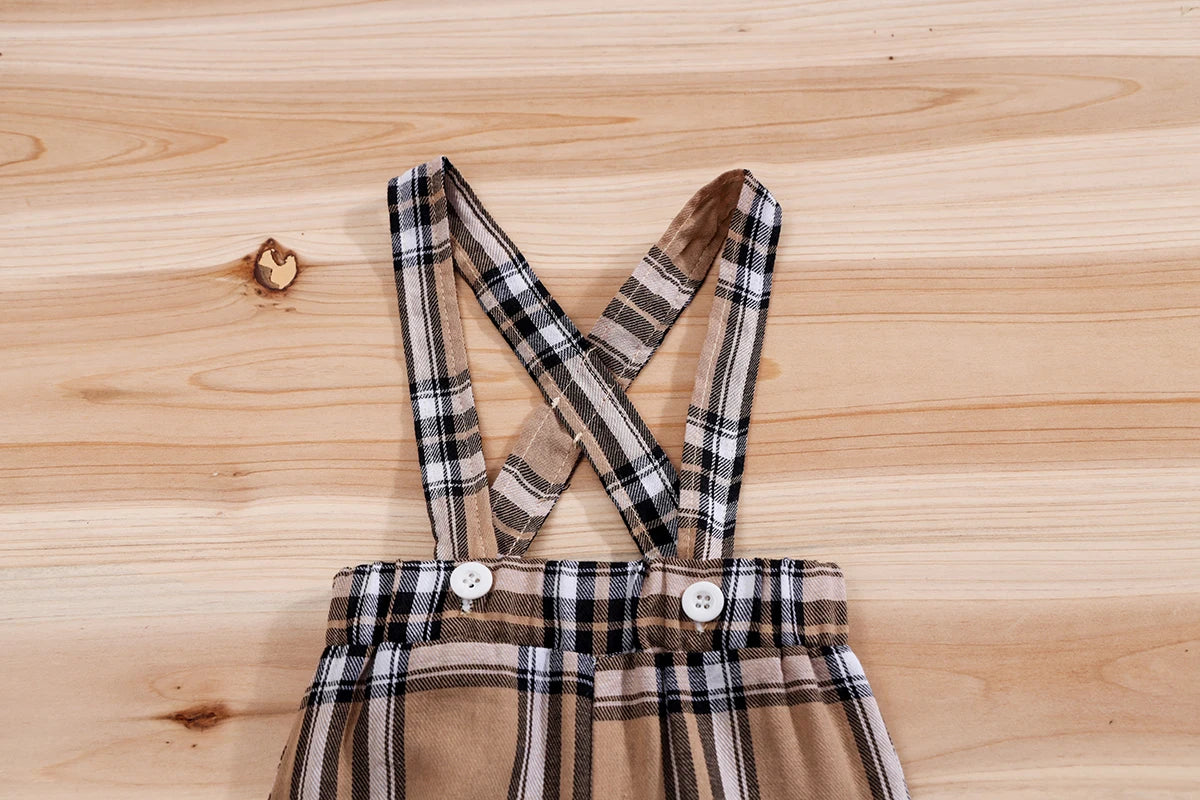 Handsome Plaid Bear Bodysuit & Suspenders Overall Newborn Outfits 0-18M