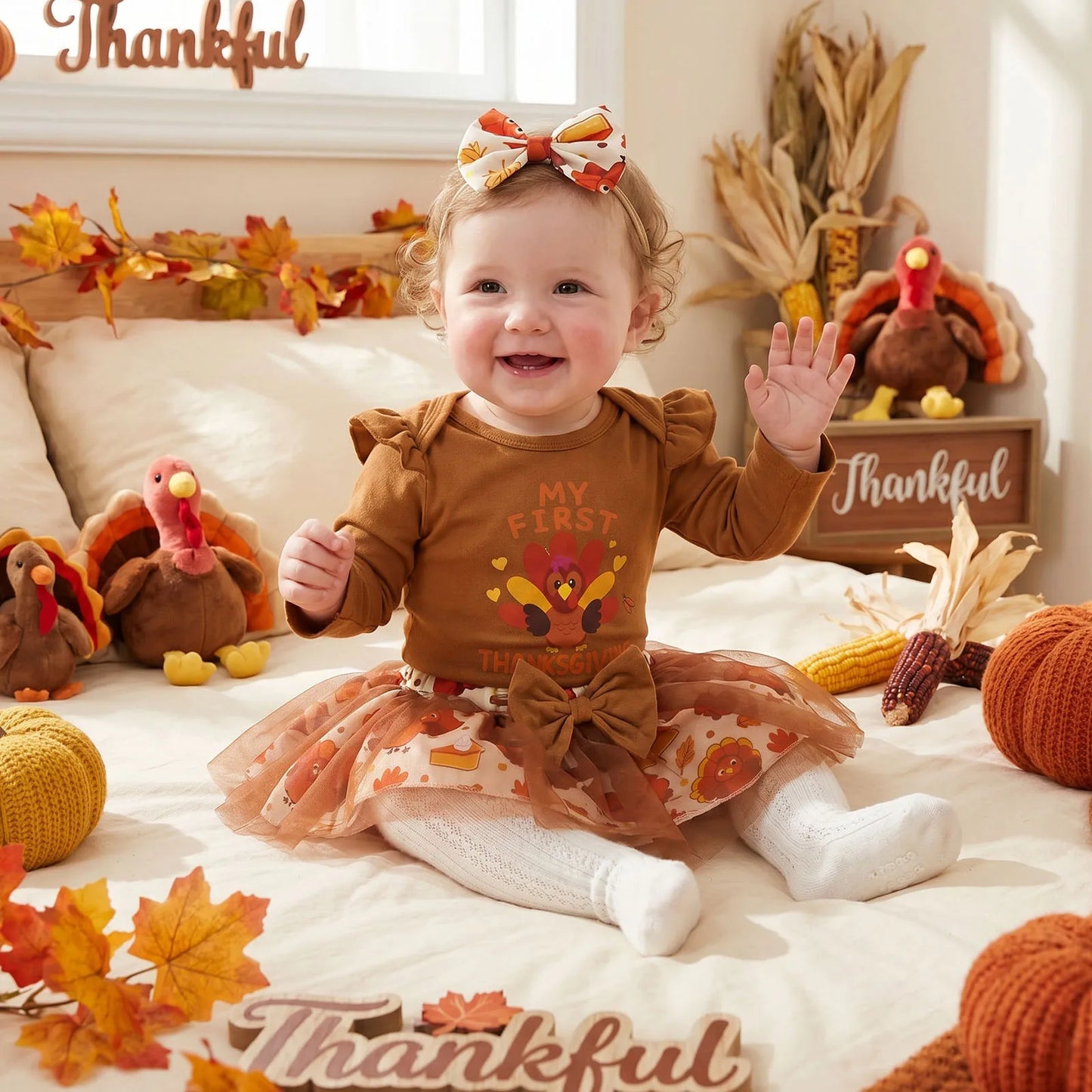 Adorable "My First Thanksgiving" 3 Pcs Outfit: Long Sleeve Romper and Mesh Skirt with Bow Headband - Set