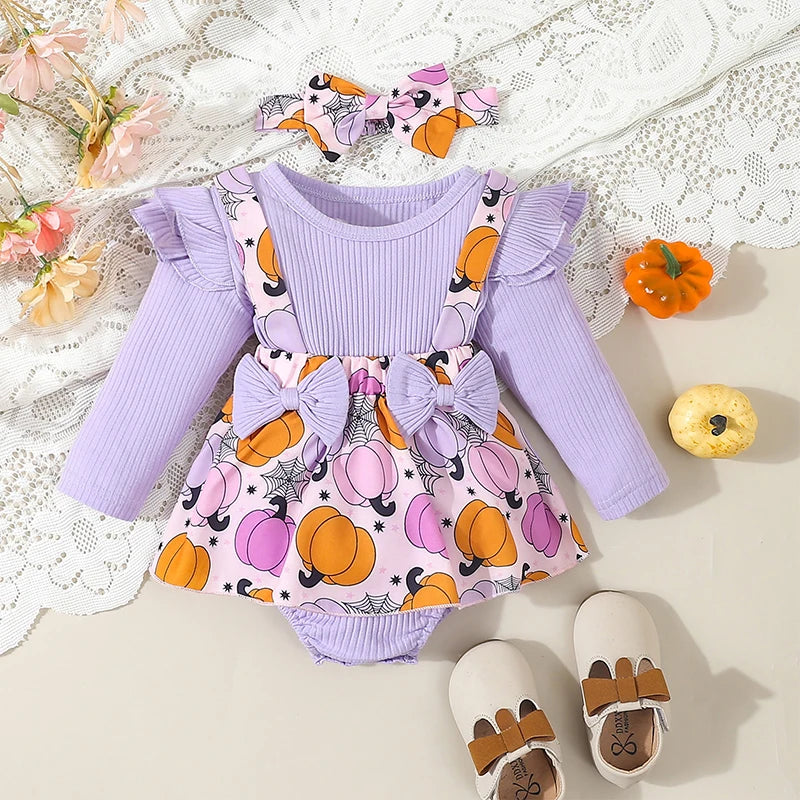 Harvest Romper Dress with Long Sleeves and Bows plus Headband- Set