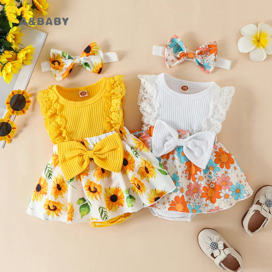 Adorable 2-piece Floral  Baby Romper Dress and Bow Set  0-18M