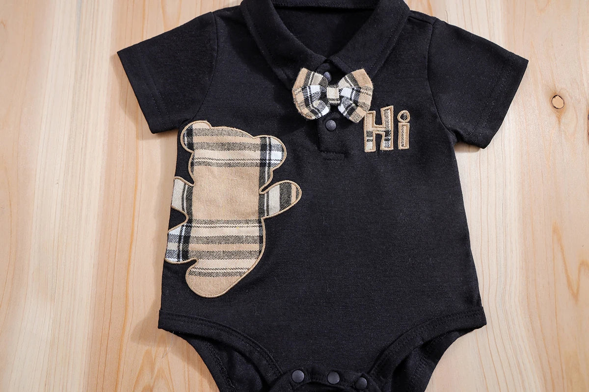 Handsome Plaid Bear Bodysuit & Suspenders Overall Newborn Outfits 0-18M