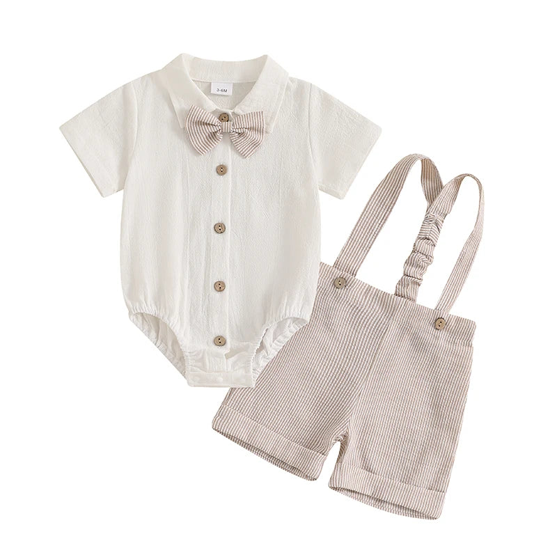 The Little Gentleman Outfit: Short Sleeve Lapel Neck Shirt Romper + Stripe Suspender Shorts + Bowtie