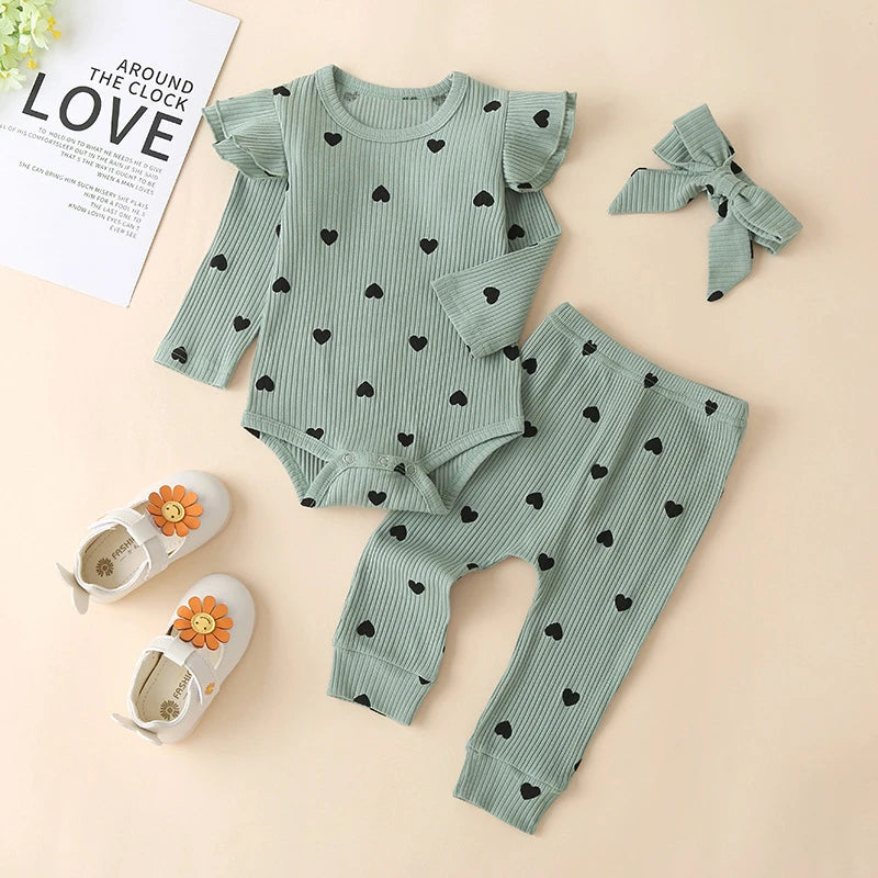 Sweet Girls Fall Cotton Lace Ruffle Bodysuit + Pants + Headband