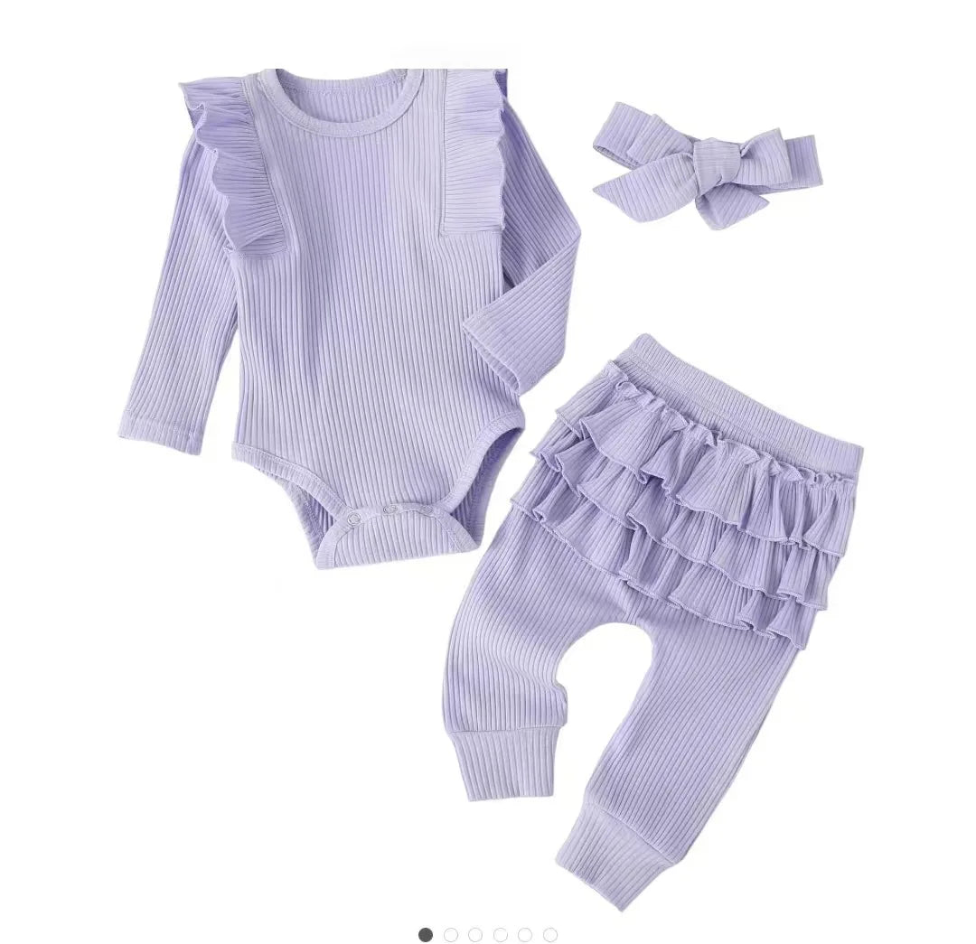 Sweet Girls Fall Cotton Lace Ruffle Solid Print Bodysuit + Pants + Headband
