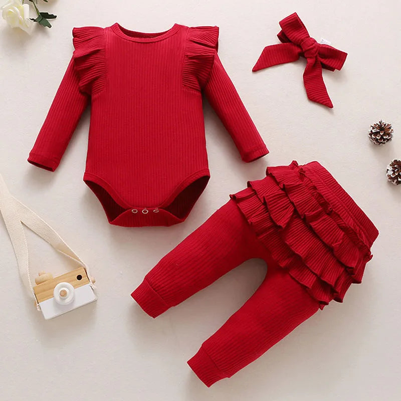 Sweet Girls Fall Cotton Lace Ruffle Solid Print Bodysuit + Pants + Headband