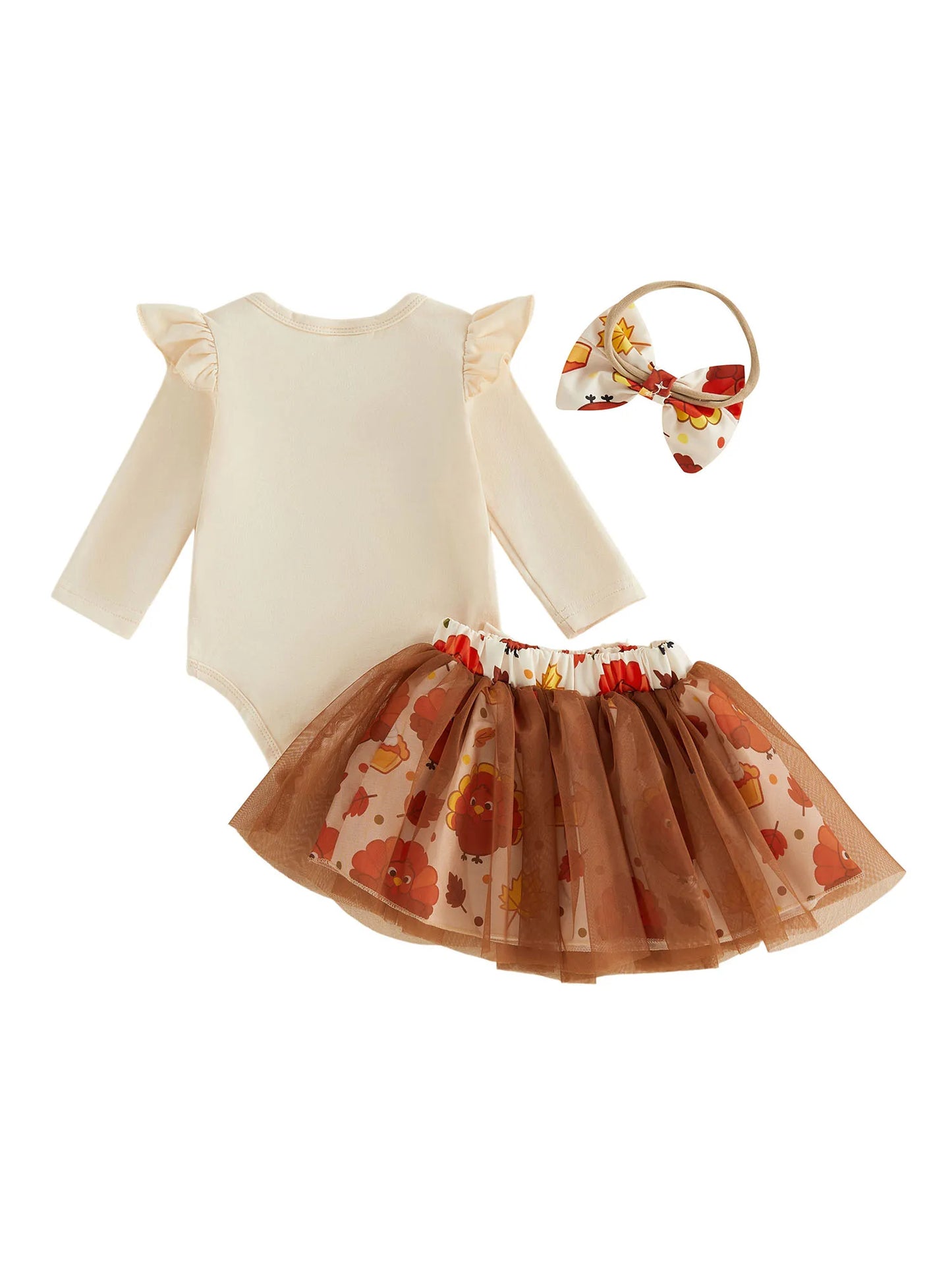 Adorable "My First Thanksgiving" 3 Pcs Outfit: Long Sleeve Romper and Mesh Skirt with Bow Headband - Set