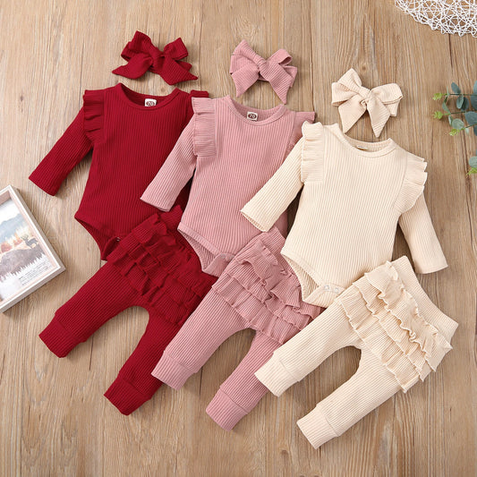 Sweet Girls Fall Cotton Lace Ruffle Bodysuit + Pants + Headband