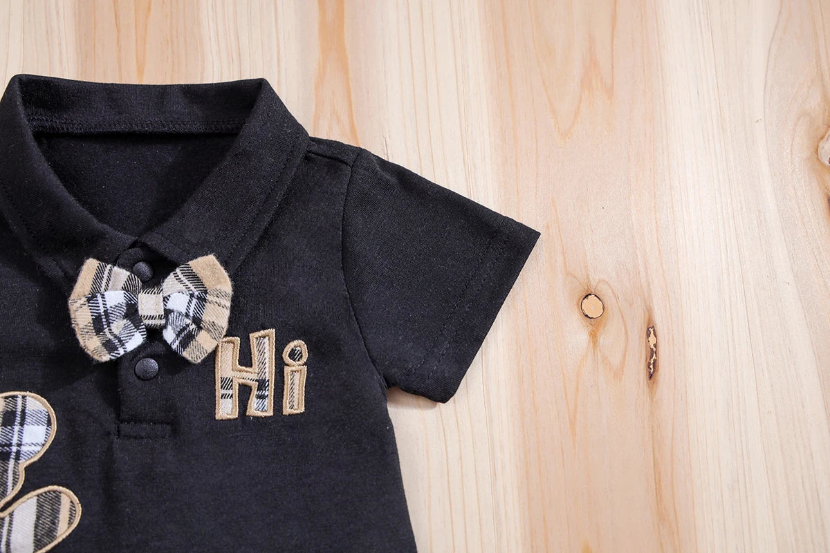 Handsome Boys Plaid Bear Bodysuit & Suspenders Overall Newborn Outfits 0-18M