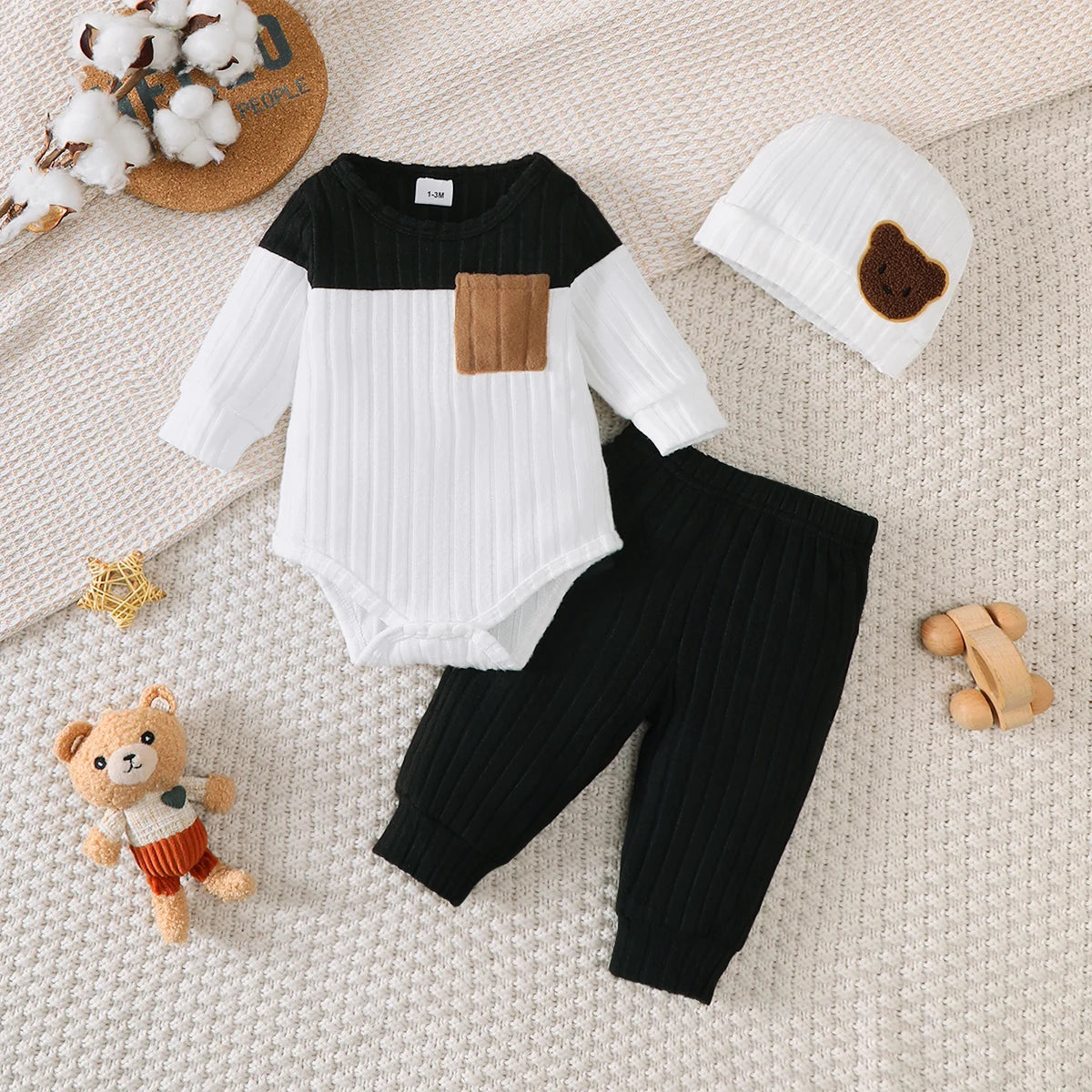 0-18 Month Baby Boy Autumn Round neck Fashion Blocked Bodysuit + Pants + Hat 3Pcs/set