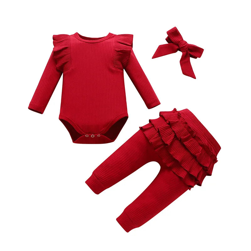 Sweet Girls Fall Cotton Lace Ruffle Solid Print Bodysuit + Pants + Headband