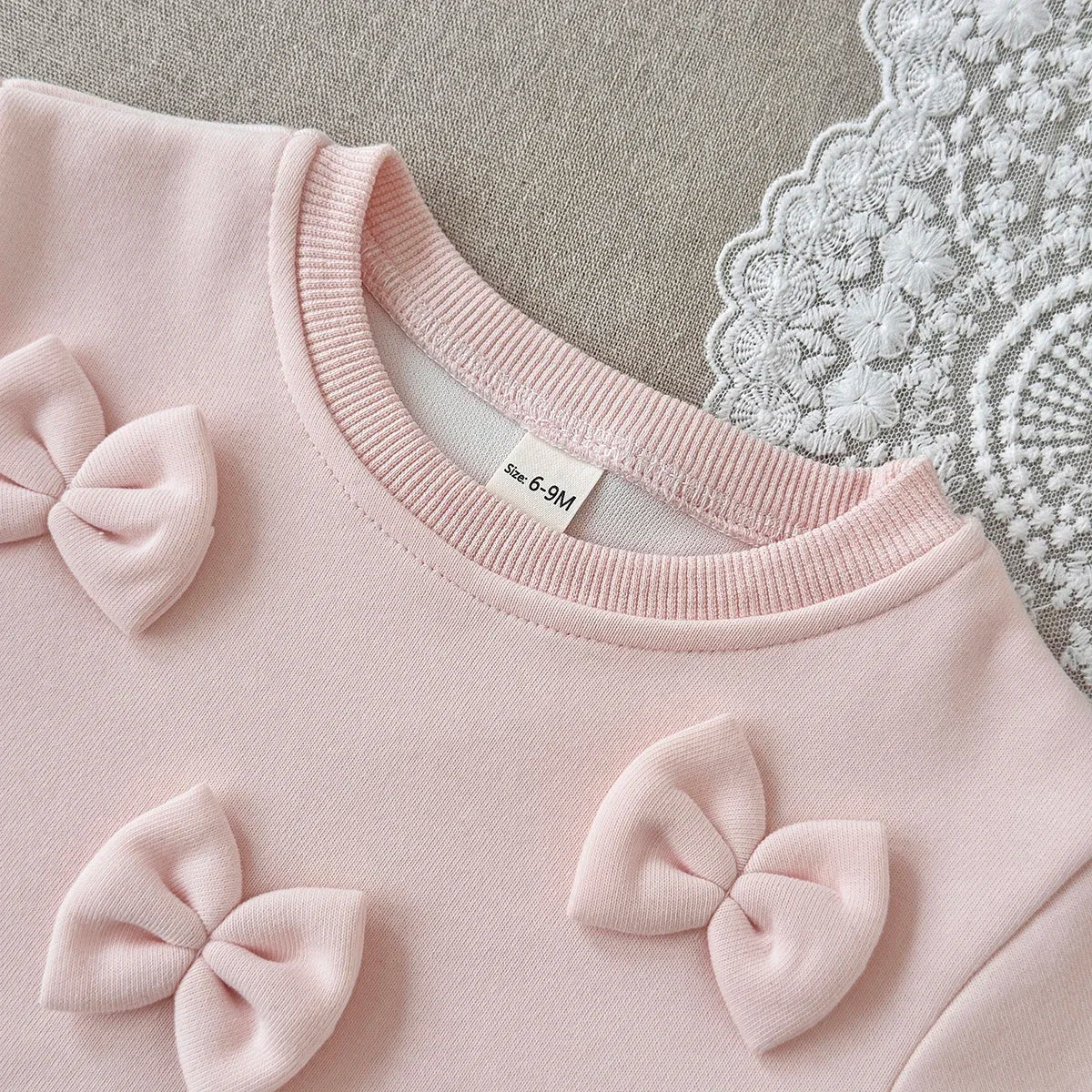 Bow Sweater- Pink and Cream Sweater and Pant Set with Bows and Lace Hem 6m-3t