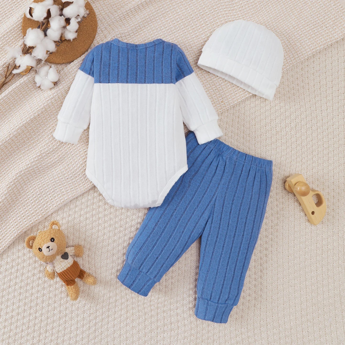 0-18 Month Baby Boy Autumn Round neck Fashion Blocked Bodysuit + Pants + Hat 3Pcs/set