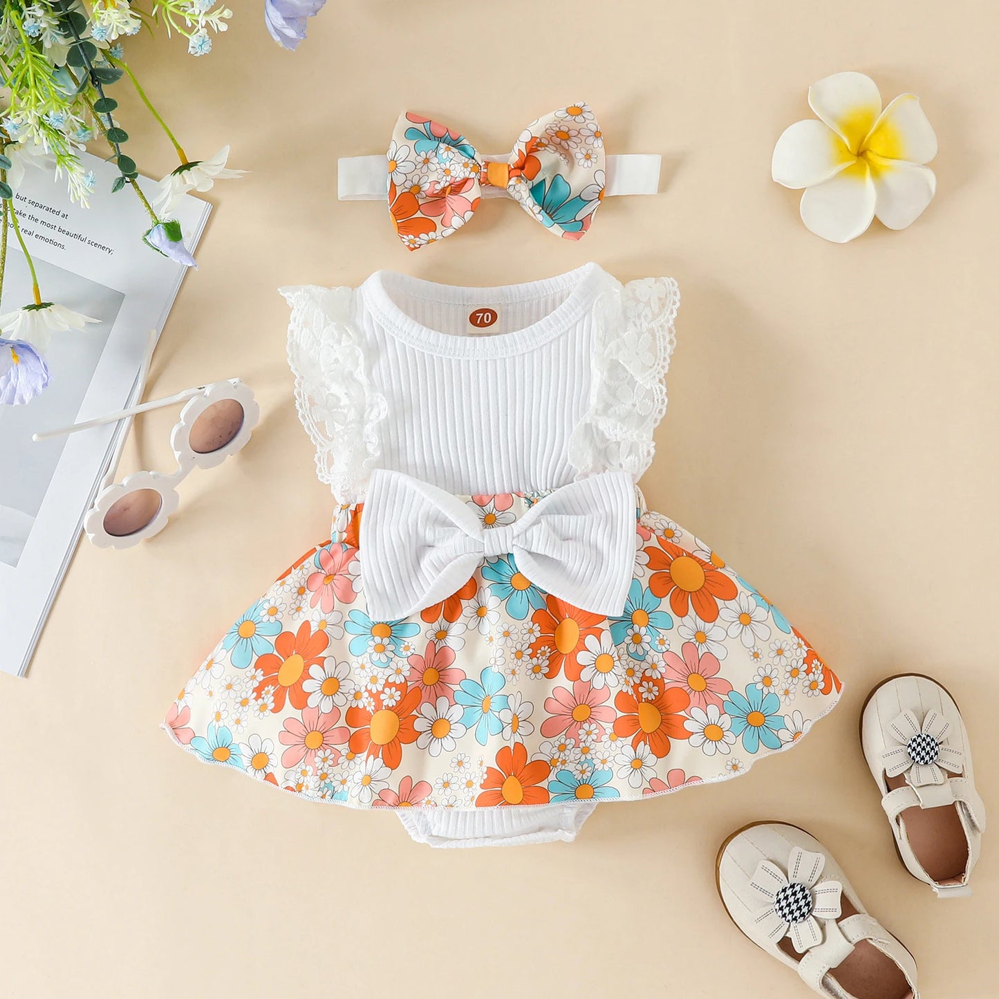Adorable 2-piece Floral  Baby Romper Dress and Bow Set  0-18M