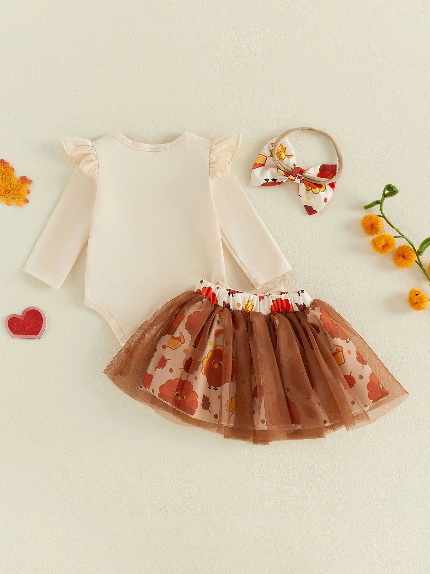 Adorable "My First Thanksgiving" 3 Pcs Outfit: Long Sleeve Romper and Mesh Skirt with Bow Headband - Set