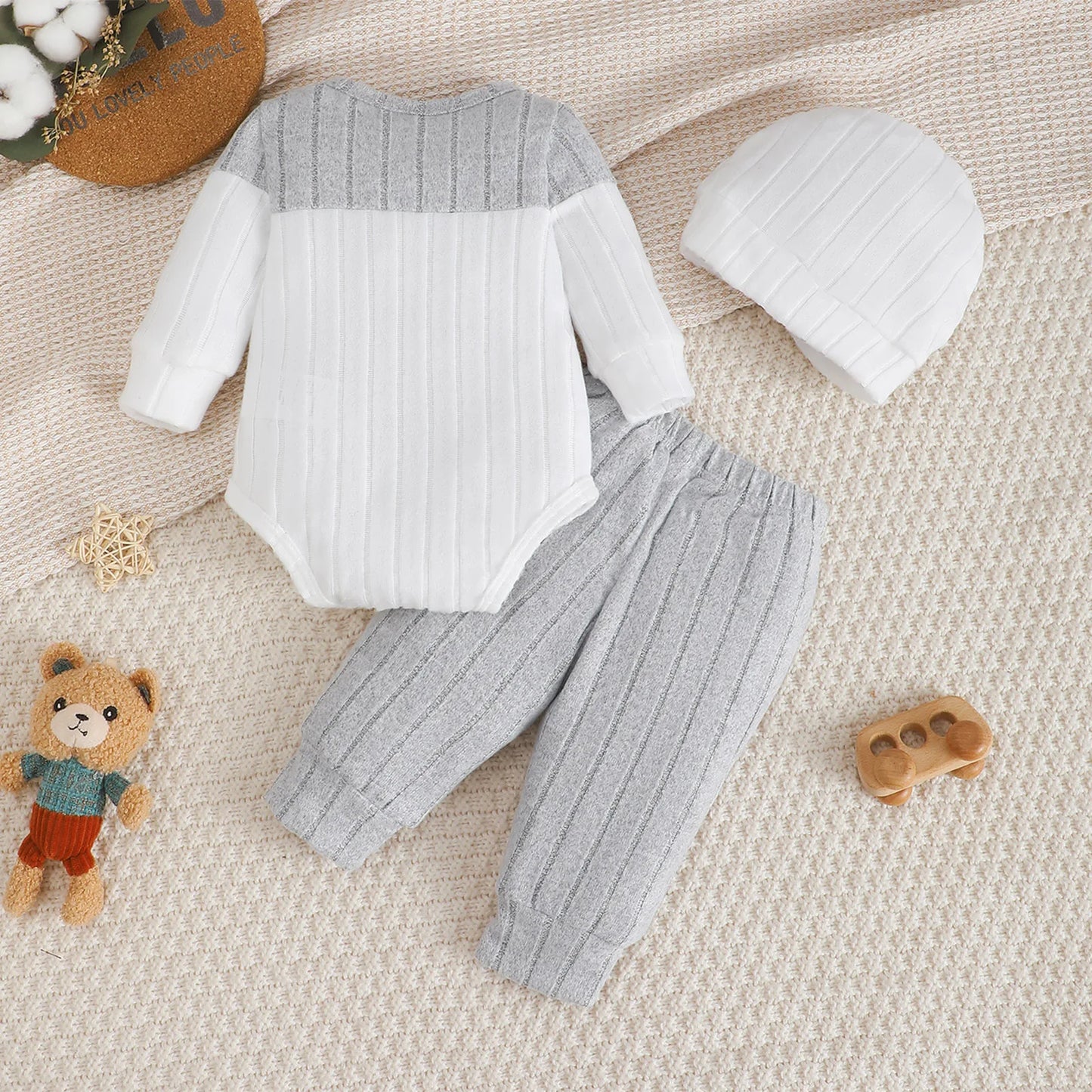 0-18 Month Baby Boy Autumn Round neck Fashion Blocked Bodysuit + Pants + Hat 3Pcs/set