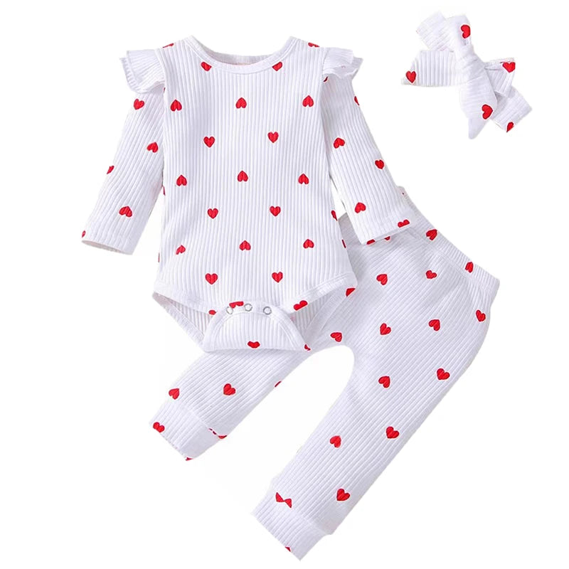 Sweet Girls Fall Cotton Lace Ruffle Bodysuit + Pants + Headband