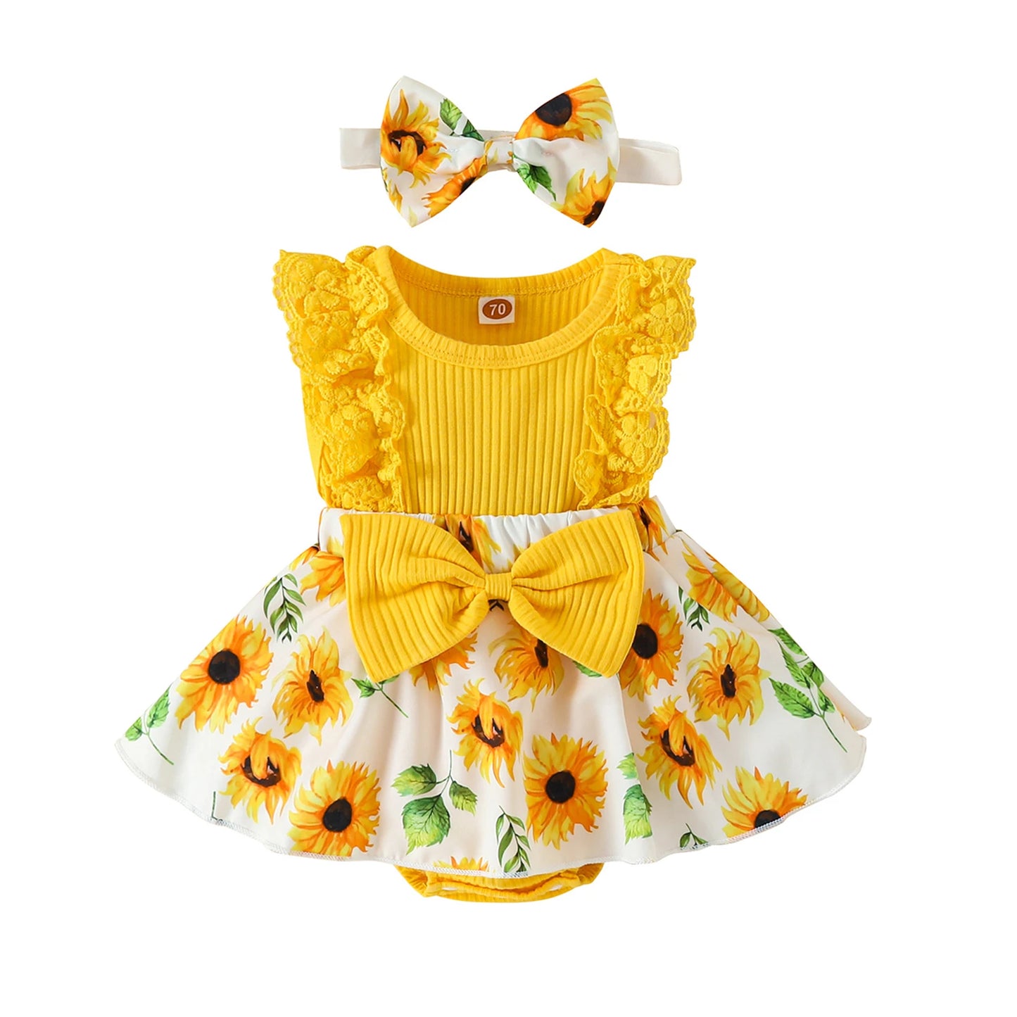 Adorable 2-piece Floral  Baby Romper Dress and Bow Set  0-18M