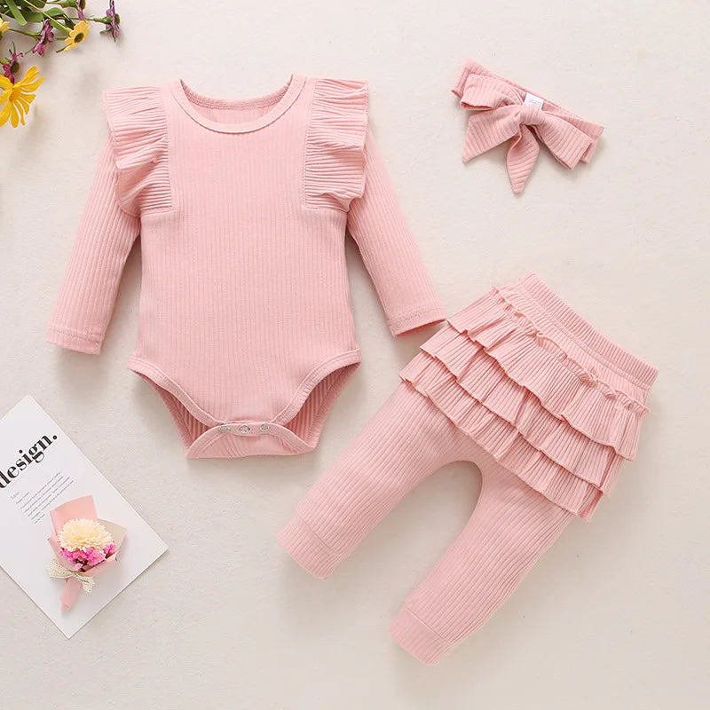 Sweet Girls Fall Cotton Lace Ruffle Solid Print Bodysuit + Pants + Headband