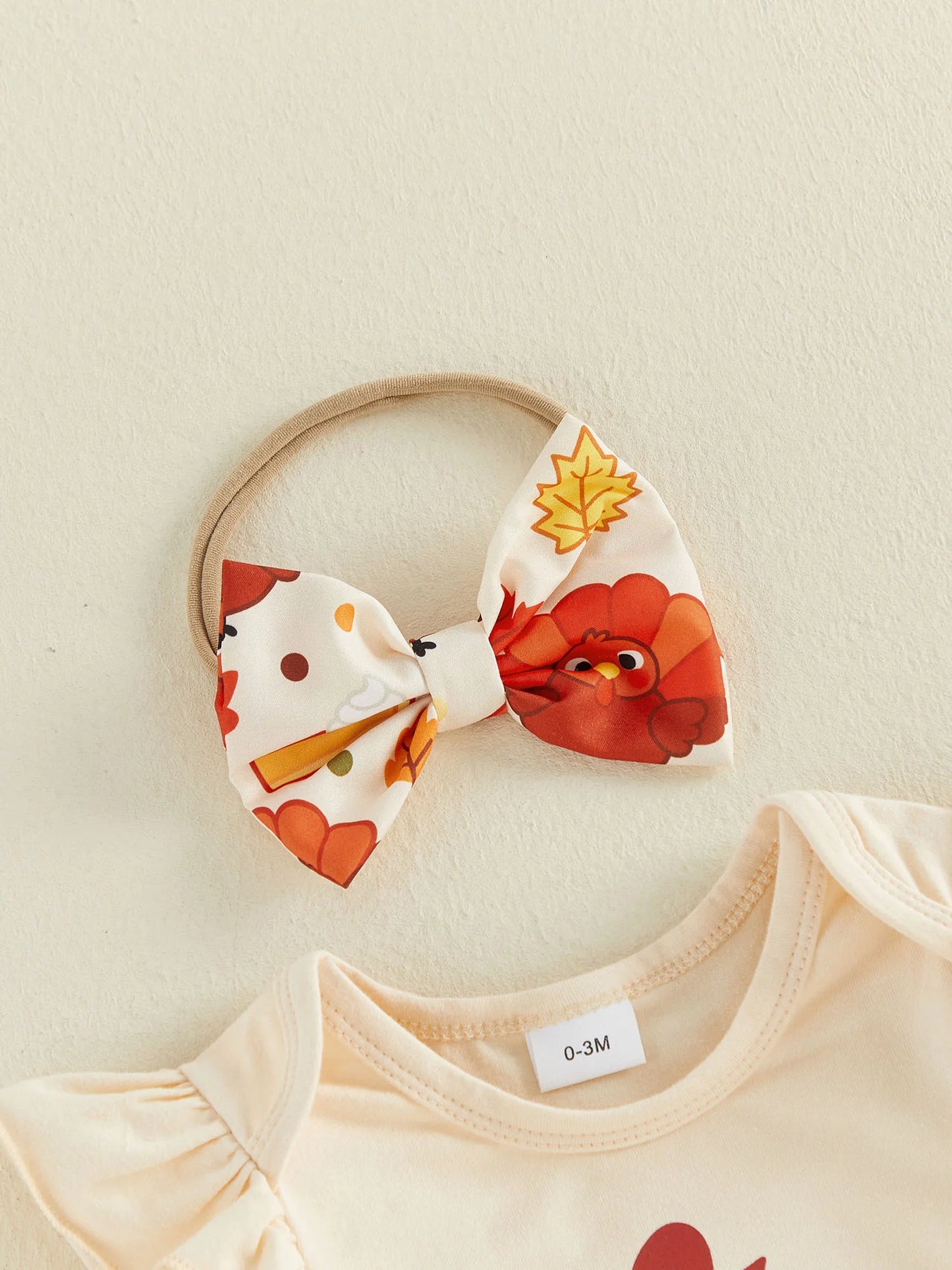 Adorable "My First Thanksgiving" 3 Pcs Outfit: Long Sleeve Romper and Mesh Skirt with Bow Headband - Set