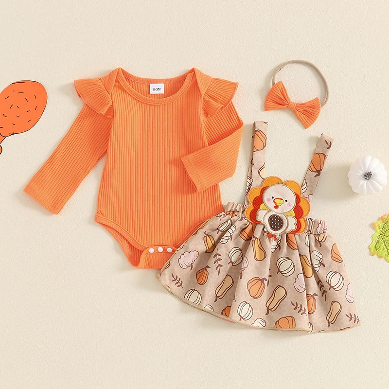 Harvest Dress: Long Sleeve Romper and Pumpkin Print Turkey Suspender-Skirt with Cute Headband (3 Piece)