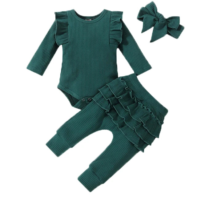 Sweet Girls Fall Cotton Lace Ruffle Bodysuit + Pants + Headband