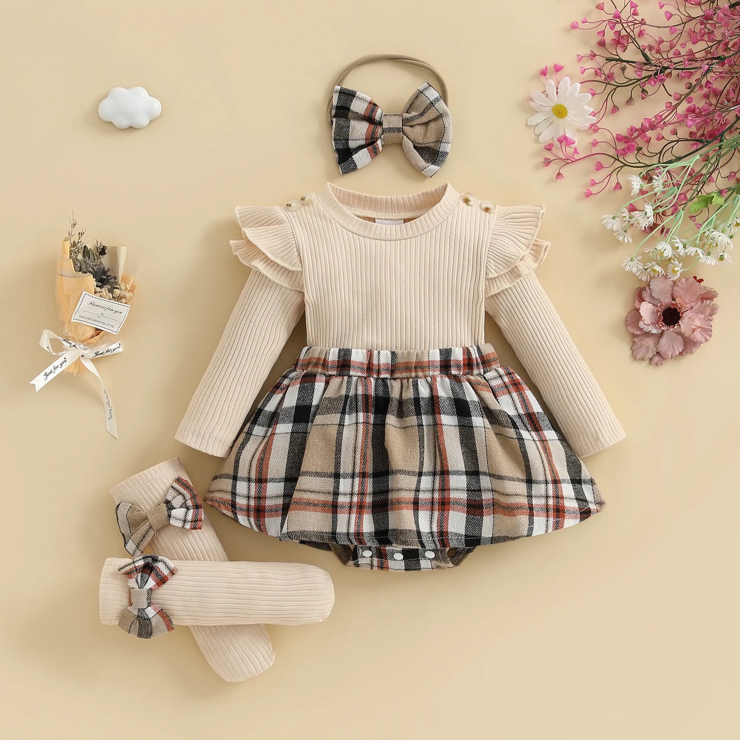 Fall Legwarmer Romper with Headband and Socks- 3pc Set