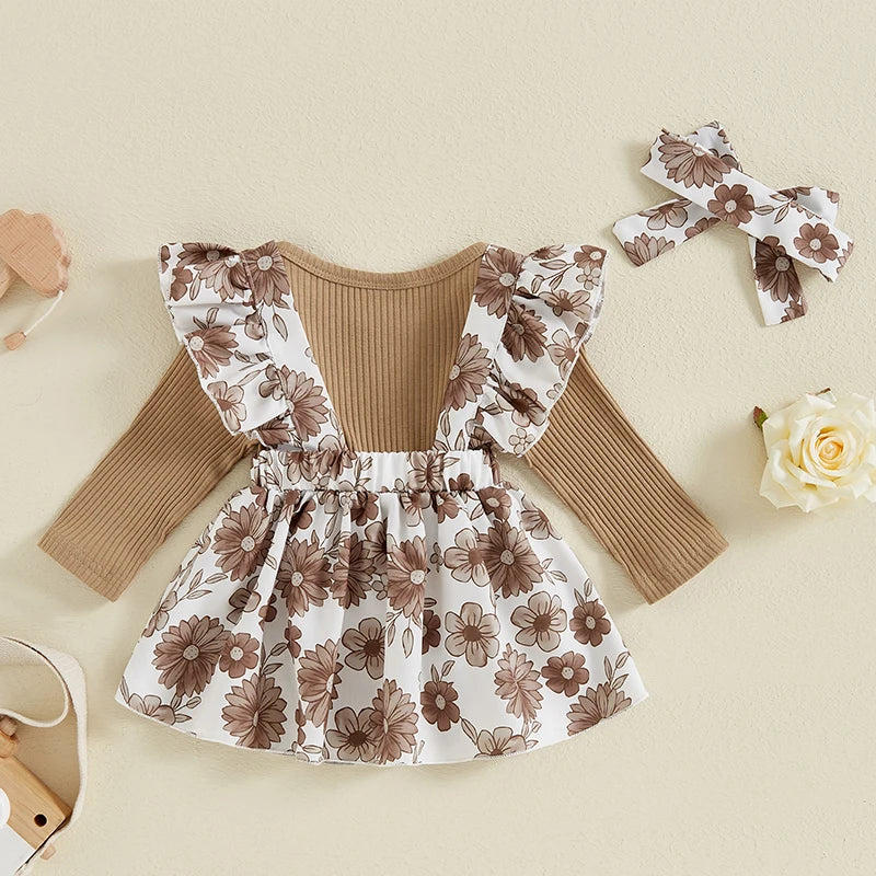 Spiced Harvest Long Sleeve Ribbed Romper + Suspender-Skirt + Headband 3 Piece Set  0-18M
