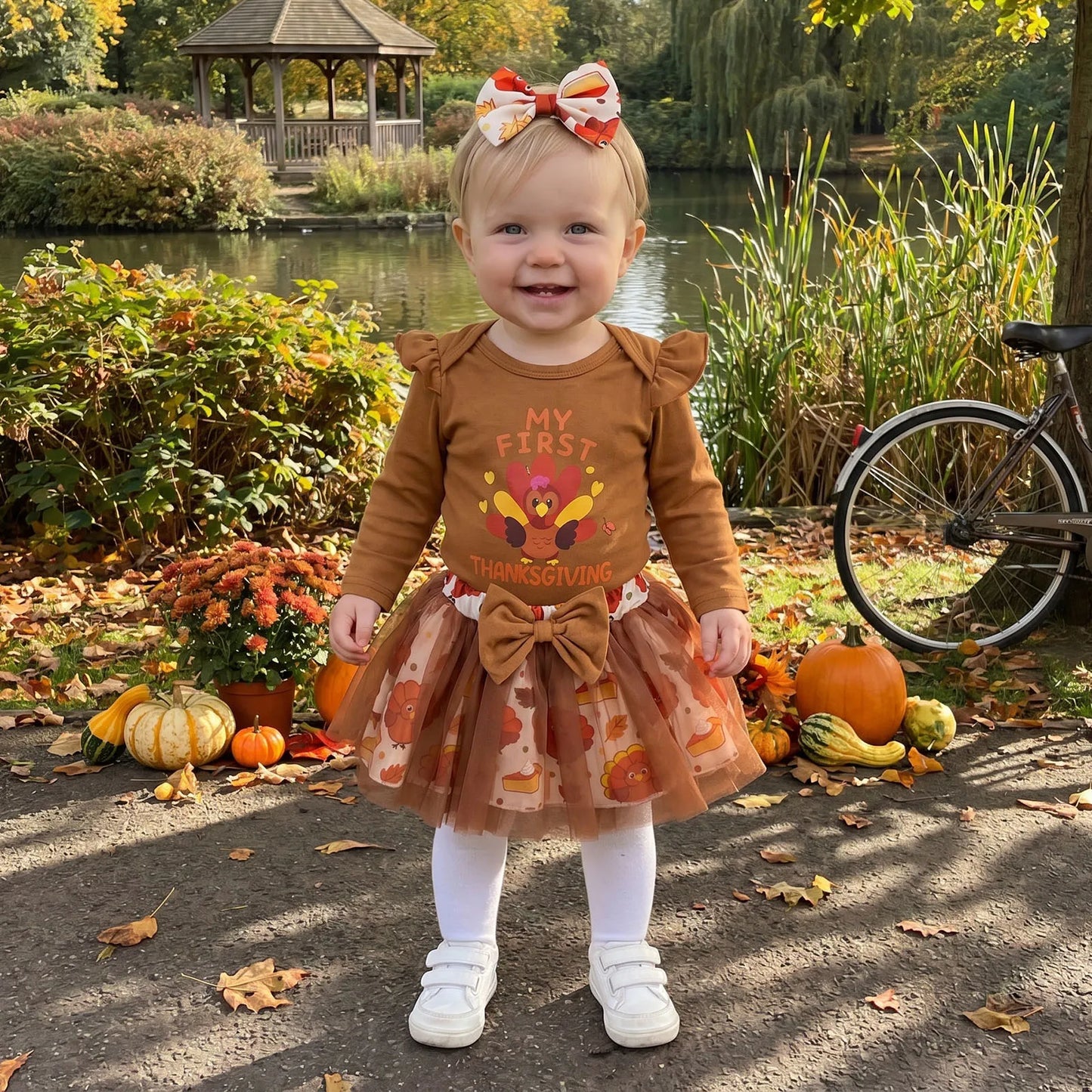 Adorable "My First Thanksgiving" 3 Pcs Outfit: Long Sleeve Romper and Mesh Skirt with Bow Headband - Set