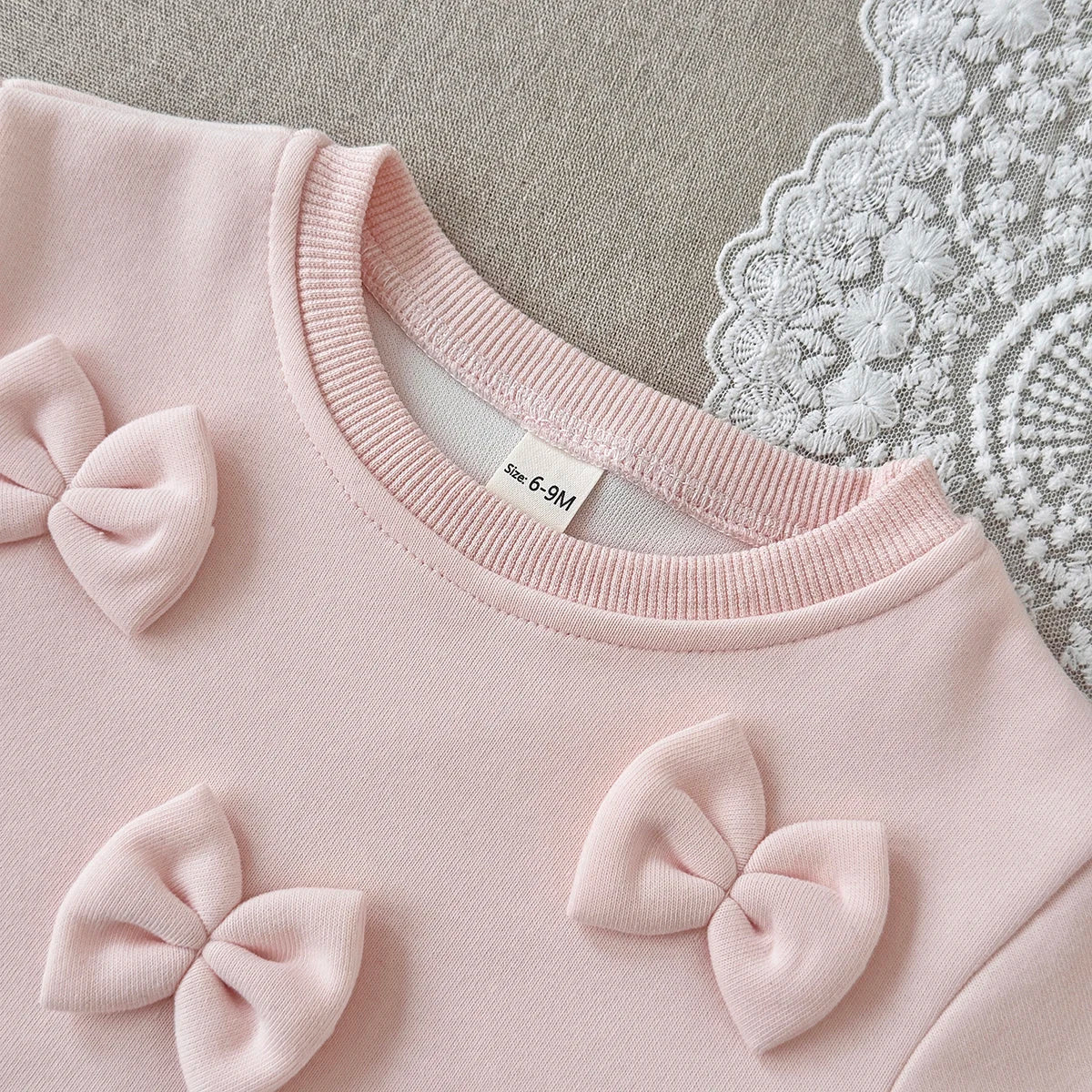 Bow Sweater- Pink and Cream Sweater and Pant Set with Bows and Lace Hem 6m-3t