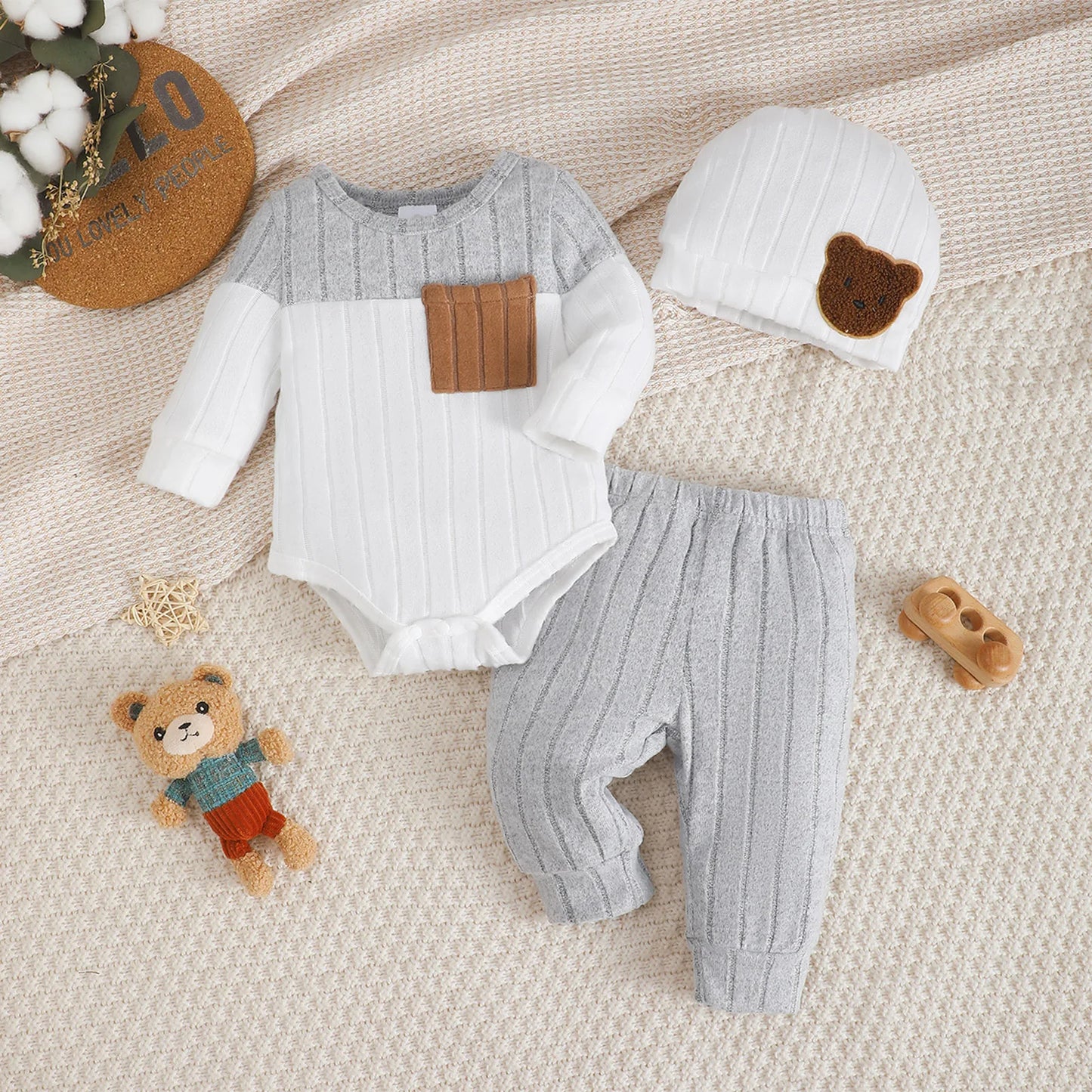0-18 Month Baby Boy Autumn Round neck Fashion Blocked Bodysuit + Pants + Hat 3Pcs/set