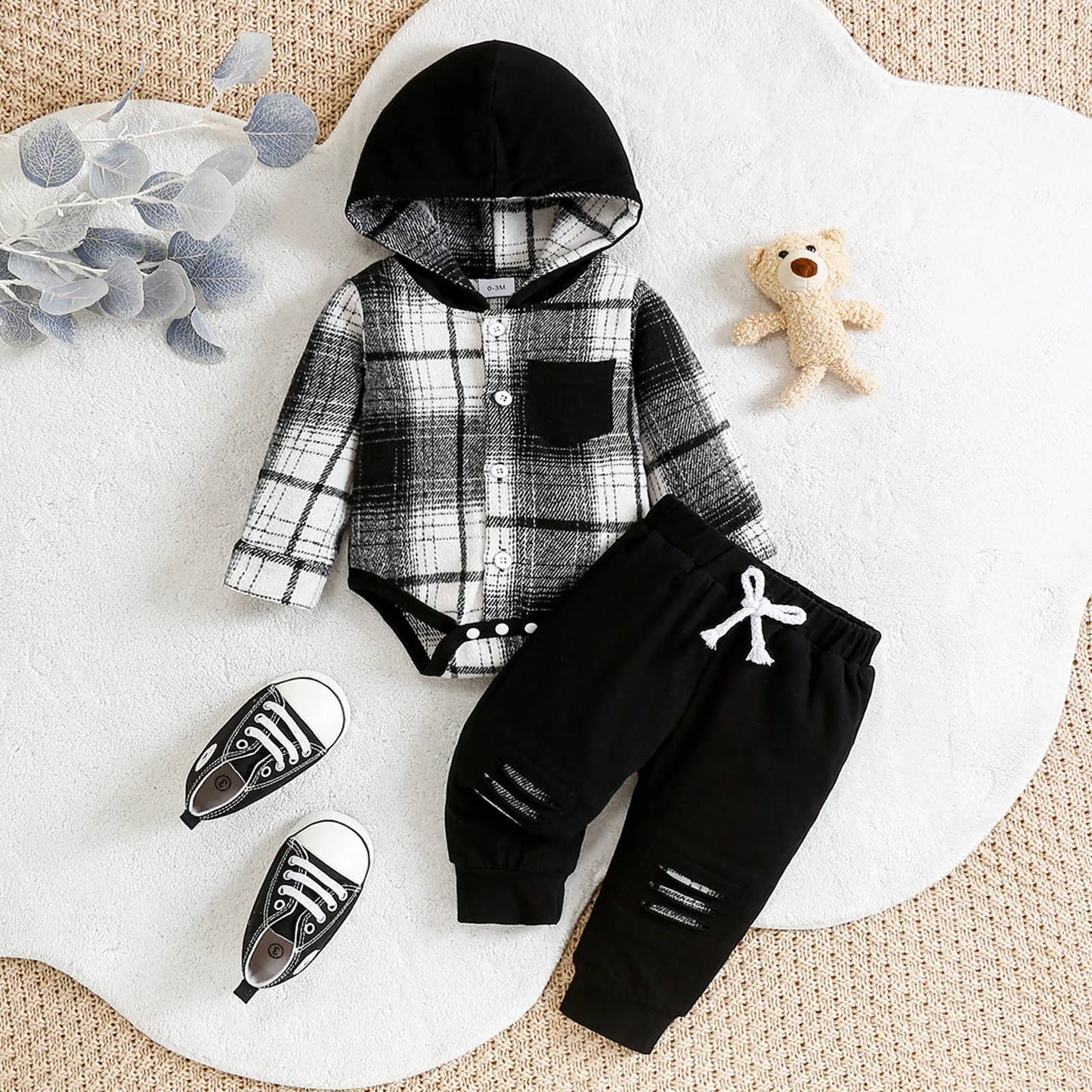 2-Piece Set Fall Checkered Hoodie and Pants 1m-18m