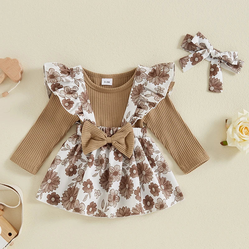 Spiced Harvest Long Sleeve Ribbed Romper + Suspender-Skirt + Headband 3 Piece Set  0-18M