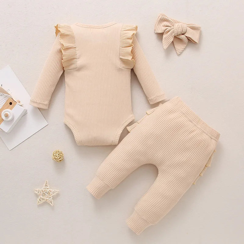 Sweet Girls Fall Cotton Lace Ruffle Solid Print Bodysuit + Pants + Headband