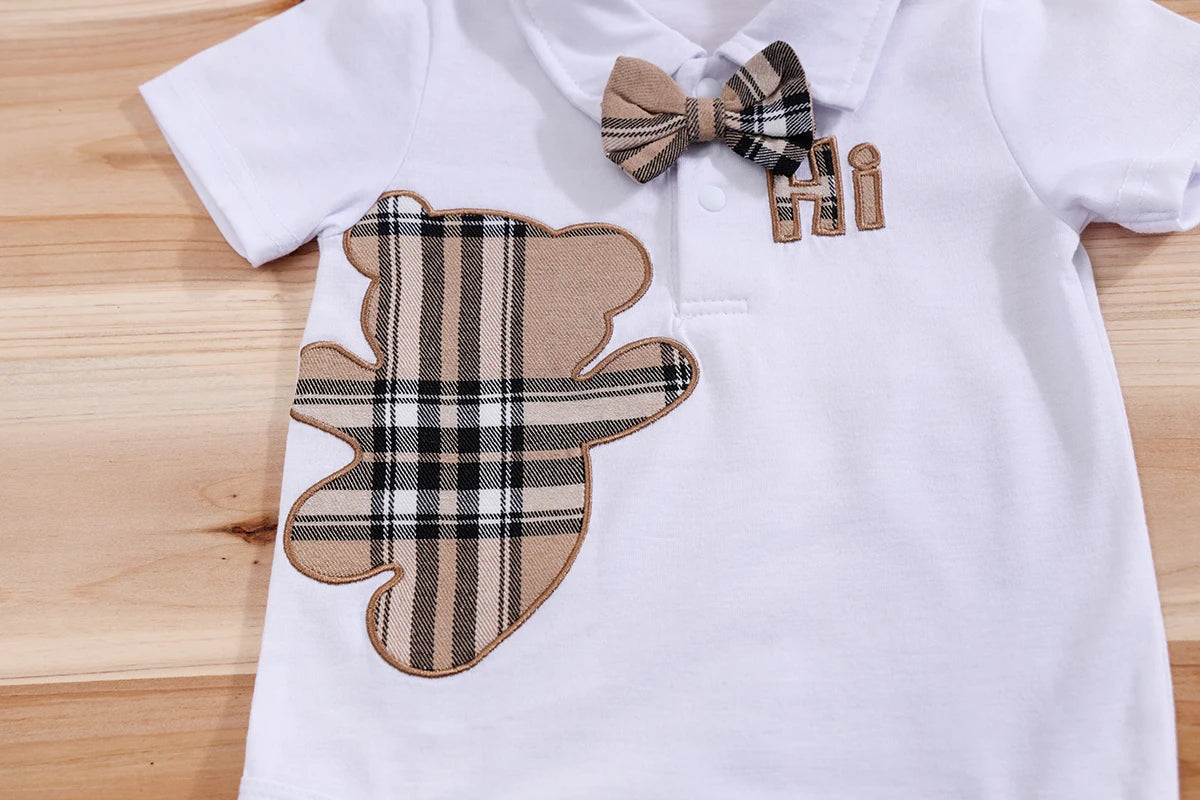 Handsome Plaid Bear Bodysuit & Suspenders Overall Newborn Outfits 0-18M
