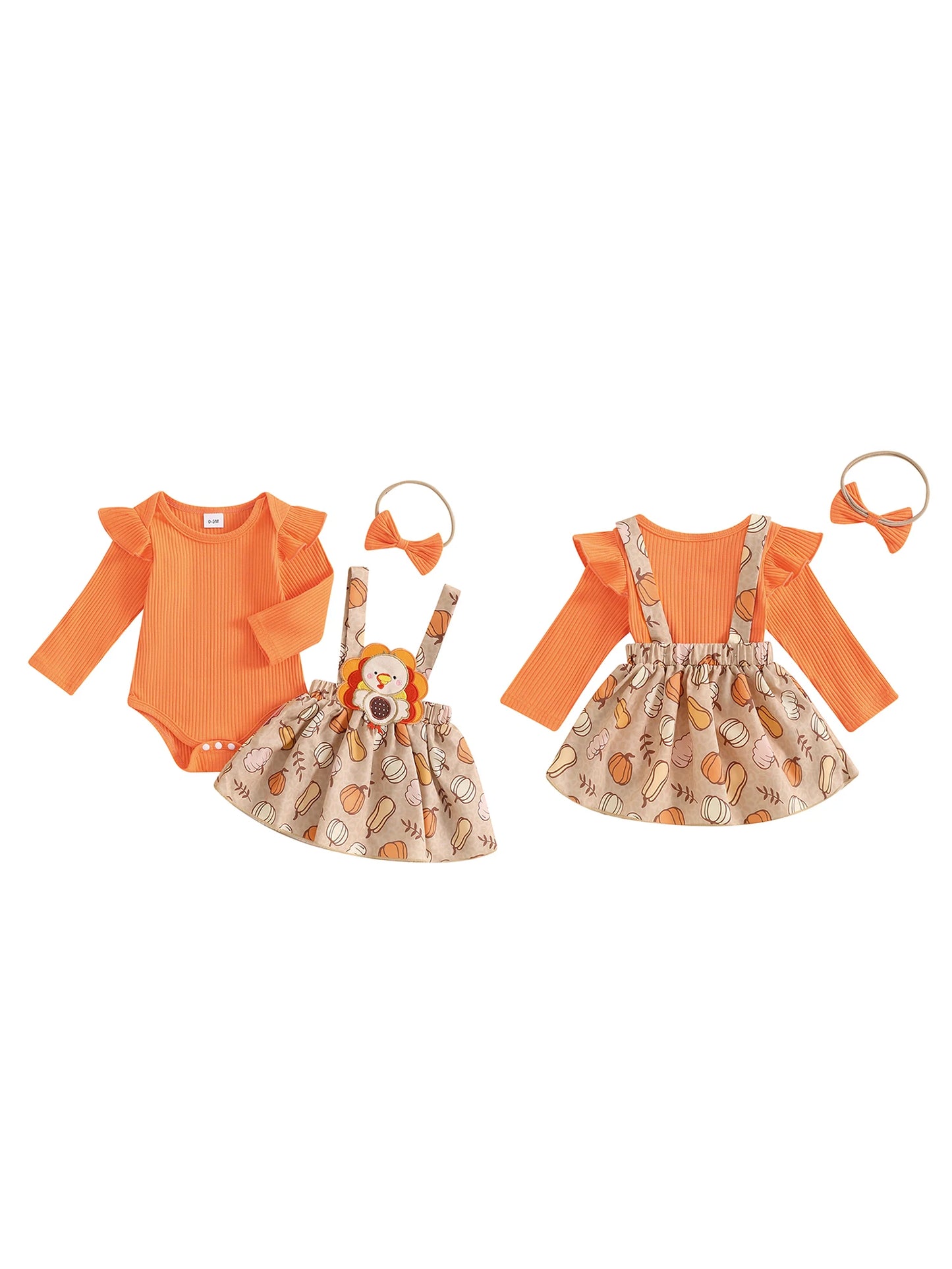 Harvest Dress: Long Sleeve Romper and Pumpkin Print Turkey Suspender-Skirt with Cute Headband (3 Piece)