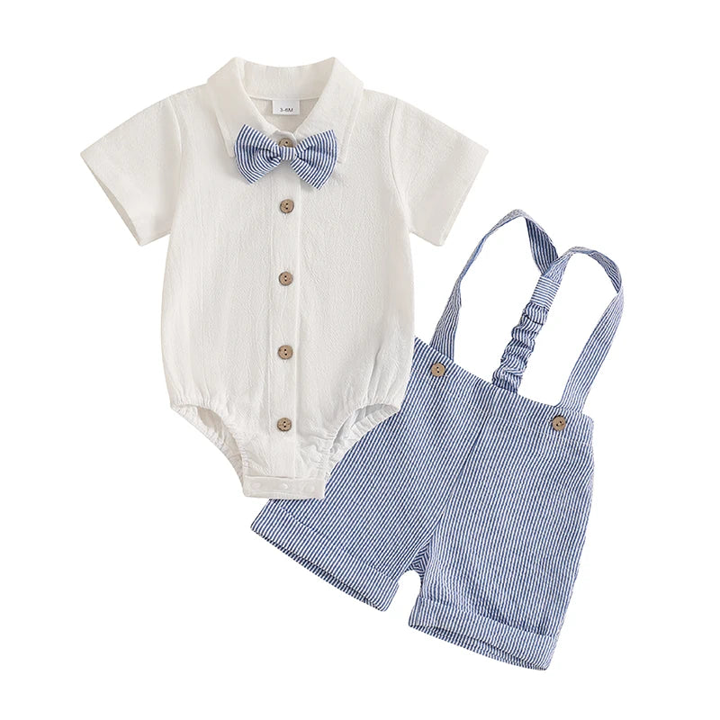 The Little Gentleman Outfit: Short Sleeve Lapel Neck Shirt Romper + Stripe Suspender Shorts + Bowtie