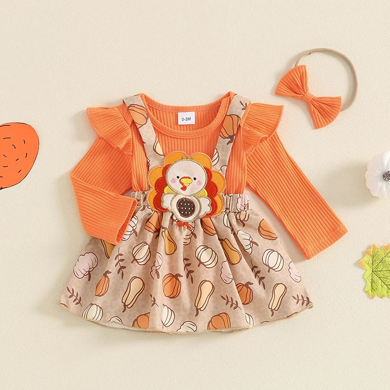 Harvest Dress: Long Sleeve Romper and Pumpkin Print Turkey Suspender-Skirt with Cute Headband (3 Piece)